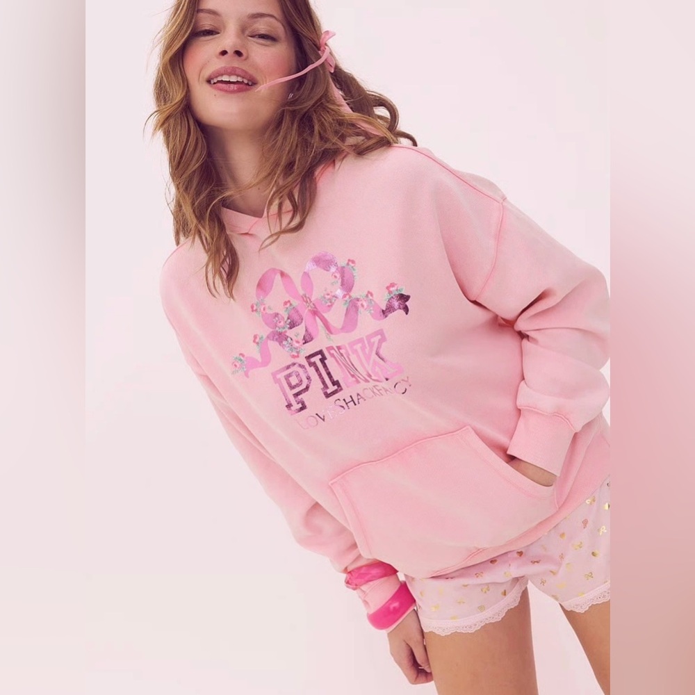 New Victoria’s Secret PINK x LoveShackFancy Lollipop Pink Bow Hoodie LARGE
